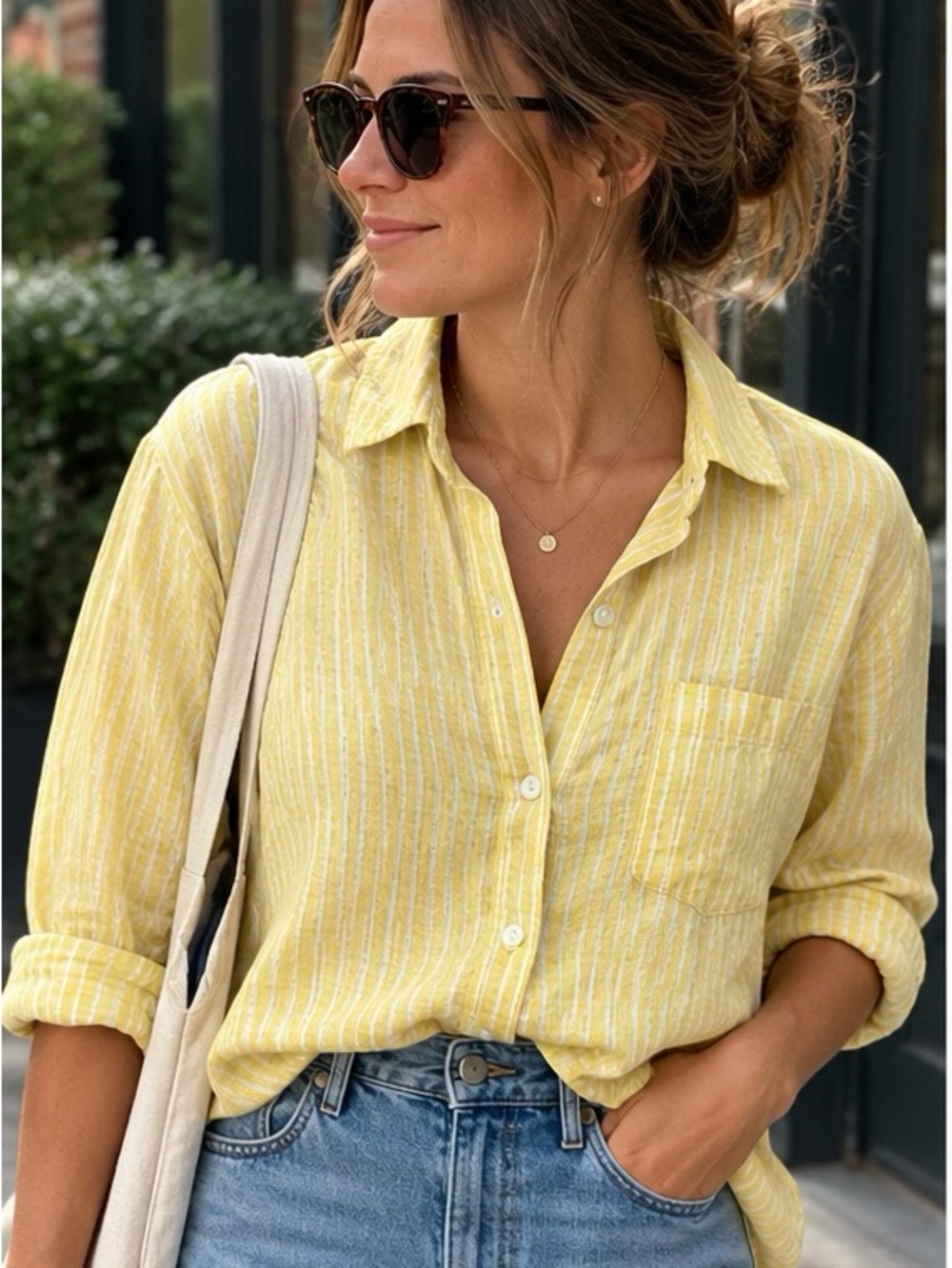 Gap 100% Linen Yellow & White Striped Button-Up Long Sleeve Shirt - Small